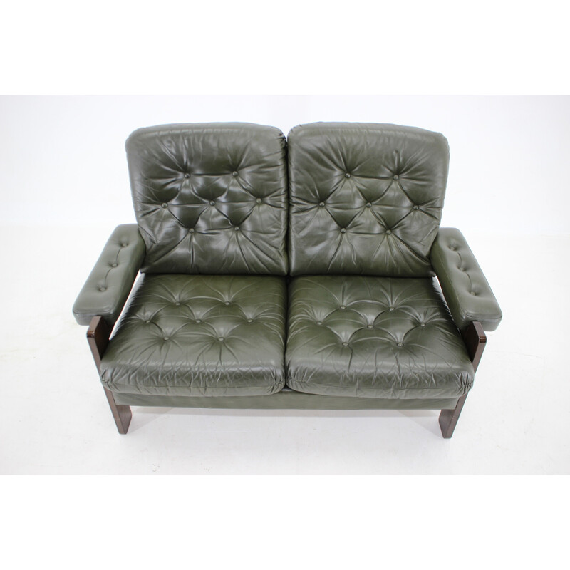 Vintage dark green leather 2-seater sofa, Denmark 1970s
