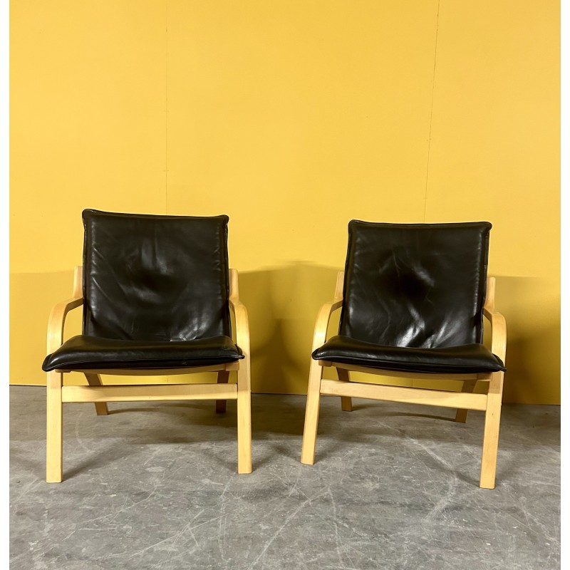 Paar vintage 101 gebogen houten zwart lederen fauteuils van Mogens Hansen, jaren 1960