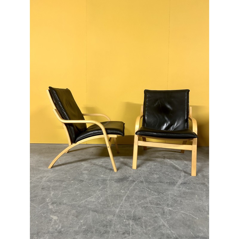 Paire de fauteuils vintage 101 en bois courbé et cuir noir par Mogens Hansen, 1960