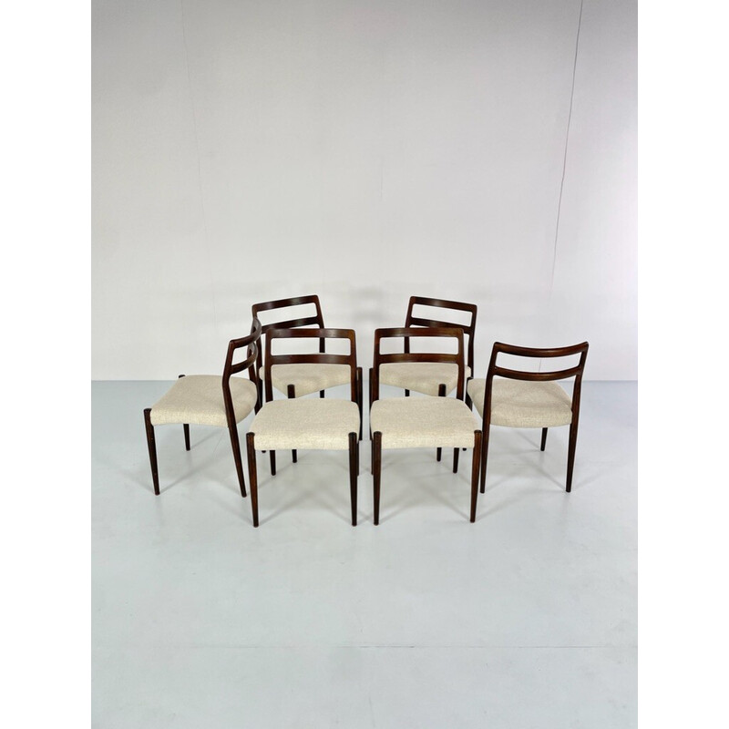 Set of 6 vintage oakwood and linen chairs by Johannes Andersen for Uldum Møbelfabrik, Denmark 1960s