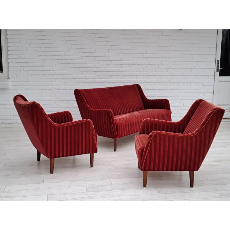 Deense vintage woonkamer set in fluweel en beuken, 1960