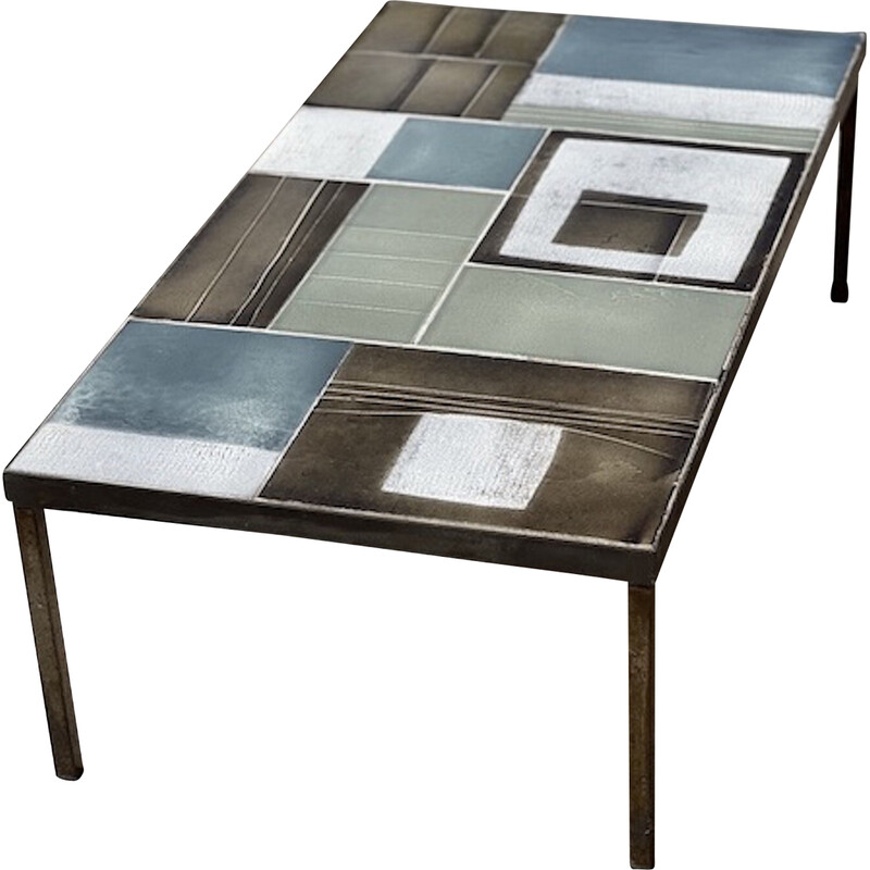 Table basse vintage en céramique et fer forgé par Roger Capron, 1960