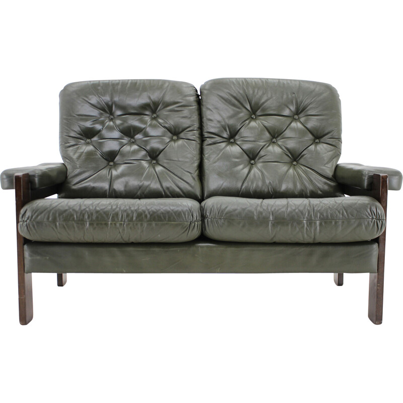 Vintage dark green leather 2-seater sofa, Denmark 1970s