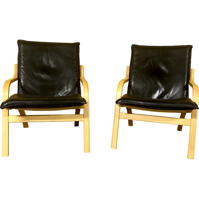 Paar vintage 101 gebogen houten zwart lederen fauteuils van Mogens Hansen, jaren 1960
