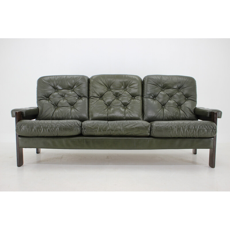 Vintage dark green leather 3-seater sofa, Denmark 1970s