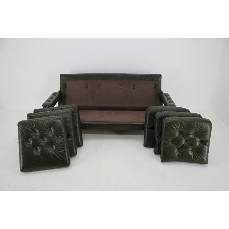 Vintage dark green leather 3-seater sofa, Denmark 1970s