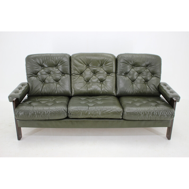 Vintage dark green leather 3-seater sofa, Denmark 1970s