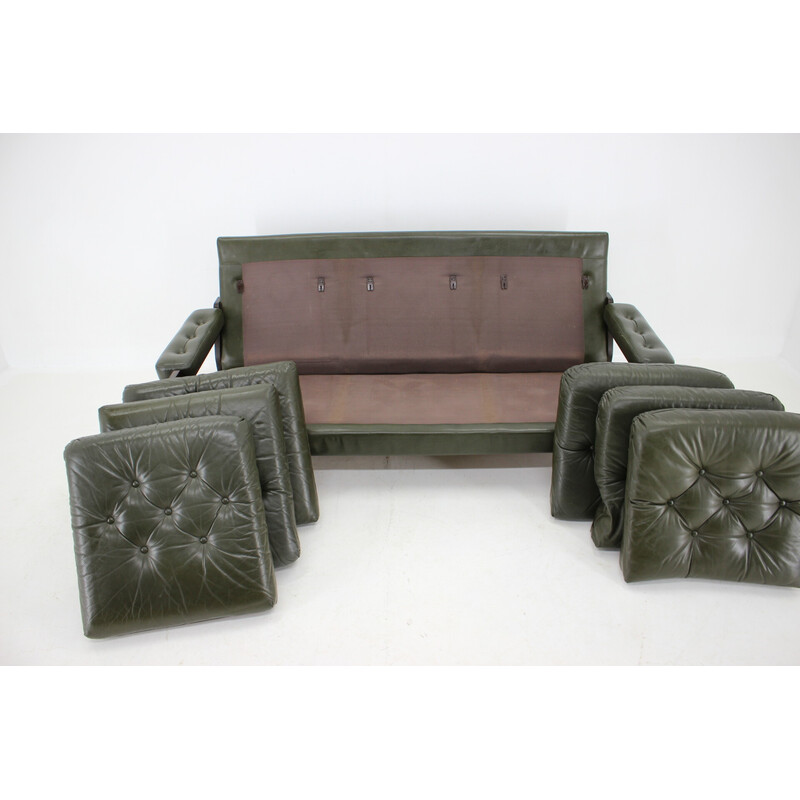 Vintage dark green leather 3-seater sofa, Denmark 1970s