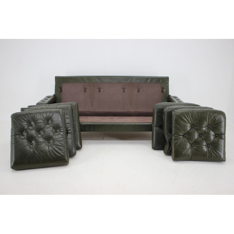 Vintage dark green leather 3-seater sofa, Denmark 1970s