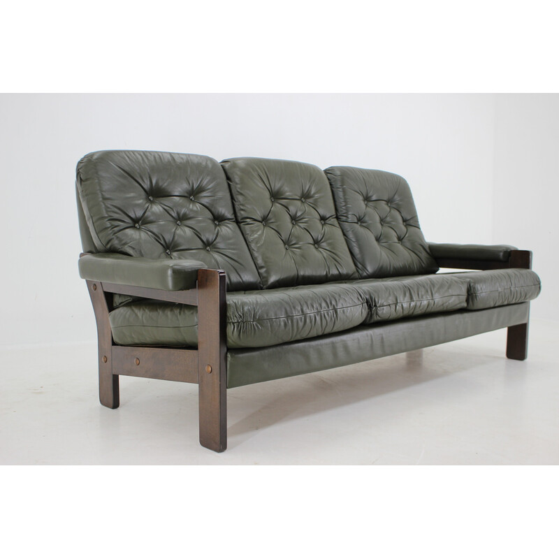 Vintage dark green leather 3-seater sofa, Denmark 1970s