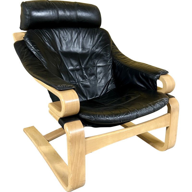Vintage Apollo fauteuil in gebogen hout en zwart leer van Svend Skipper voor Skippers Mobler a/s Durum, Denemarken 1970