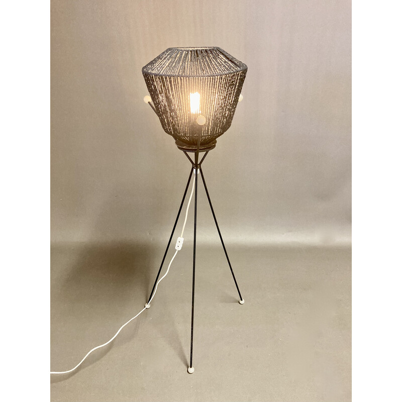 Vintage tripod floor lamp in metal, rope and bakelite, 1950s