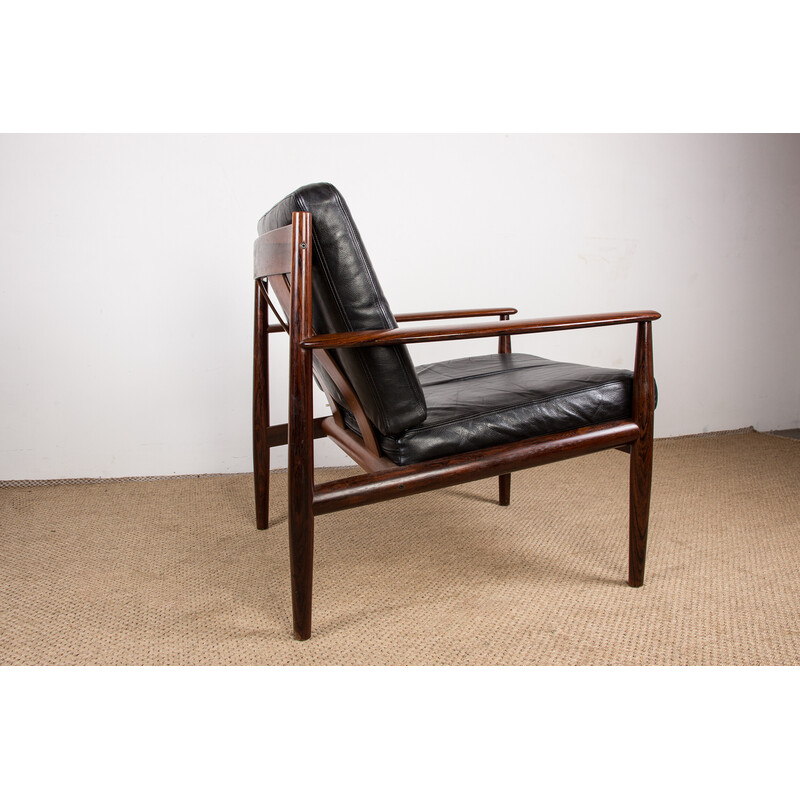 Fauteuil danois vintage en palissandre et cuir par Grete Jalk pour France and Son, 1960