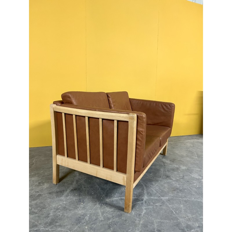 Canapé vintage danois en cuir 2 places avec cadre en bois