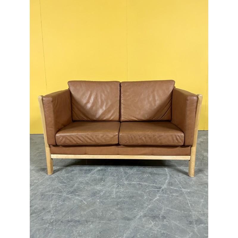 Danish vintage 2 seater leather sofa with wooden frame