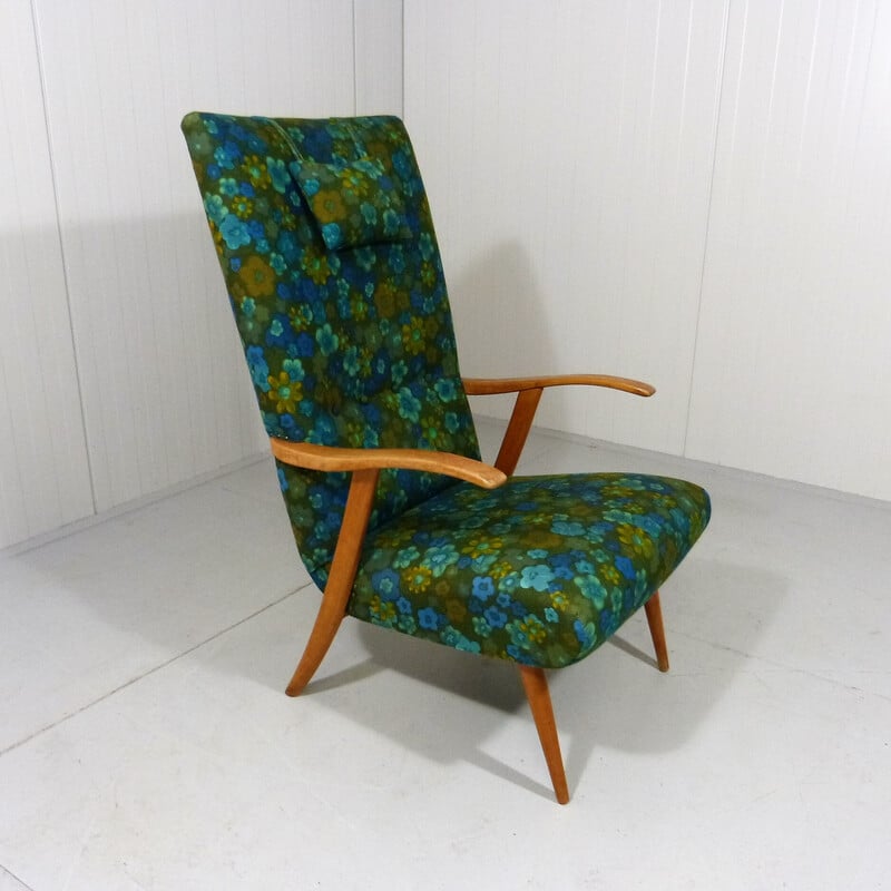 Fauteuil lounge vintage en bois et tissu, 1960