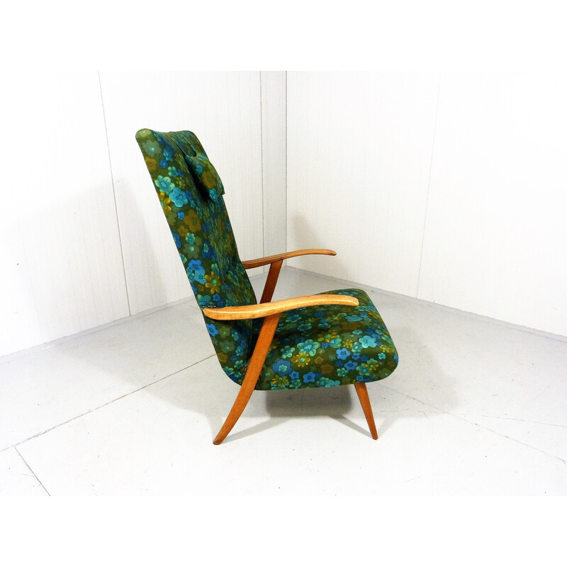 Vintage wood and fabric lounge chair, 1960s