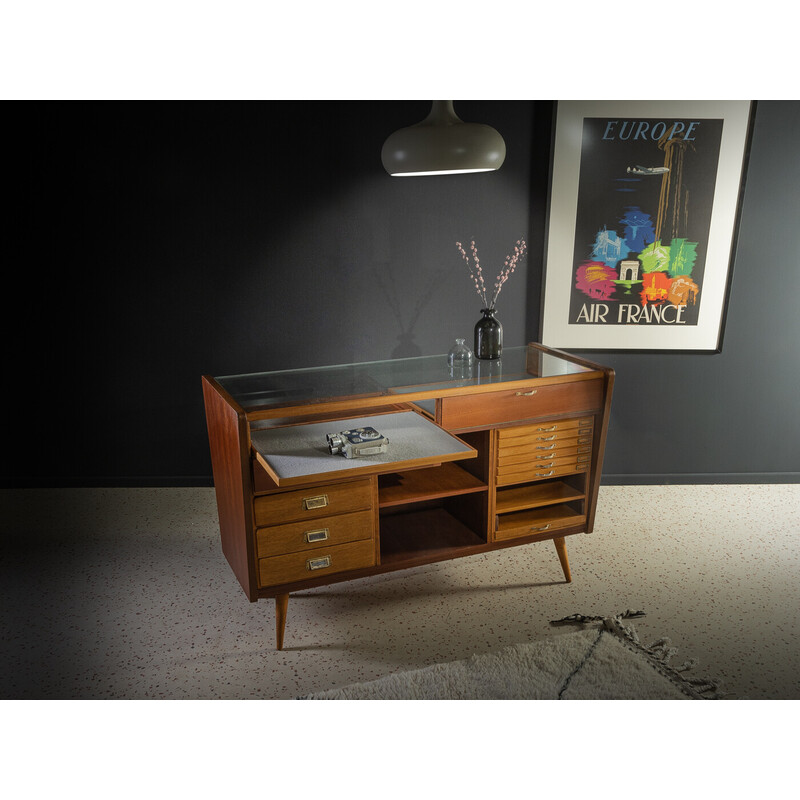 Vintage walnut veneer and leatherette jewellery display cabinet for Emde Ladenbau, Germany 1950s