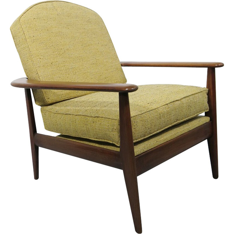 Yellow scandinavian armchair in wood and fabric - 1960s