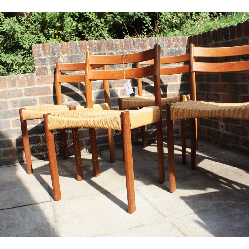 Set of 4 vintage Danish teak and paper cord dining chairs