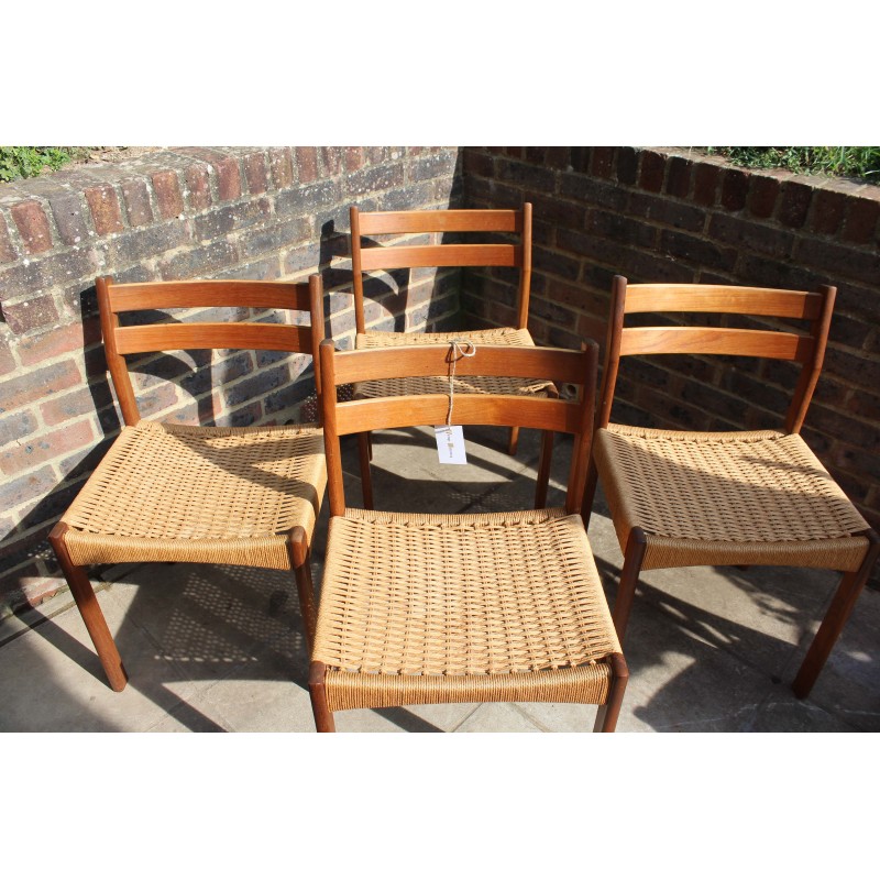 Set of 4 vintage Danish teak and paper cord dining chairs