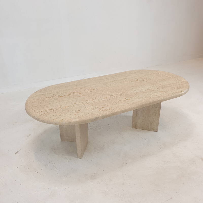 Vintage oval coffee table in travertine, Italy 1980s