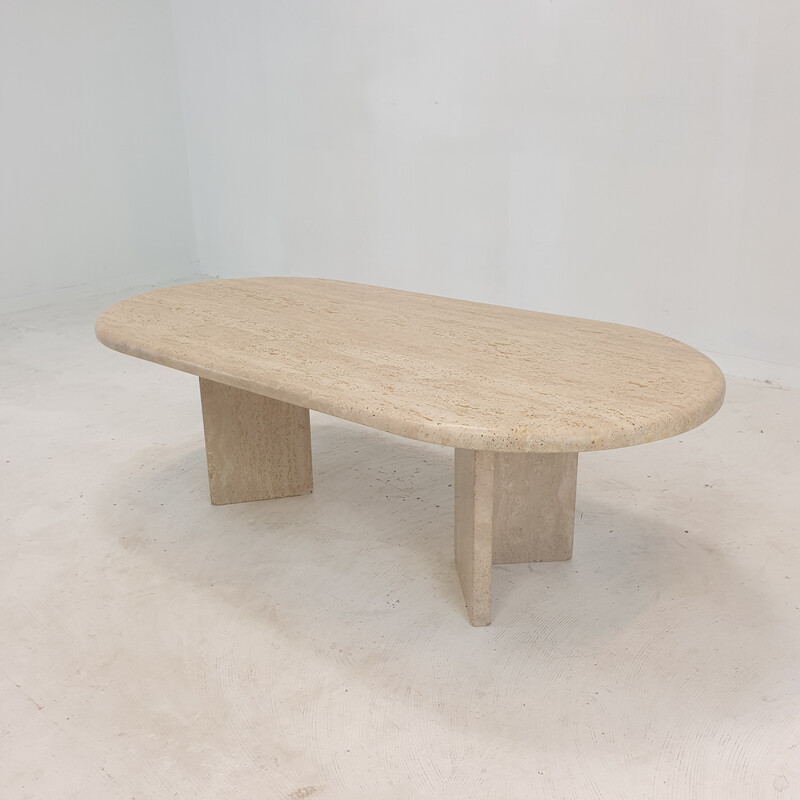 Vintage oval coffee table in travertine, Italy 1980s