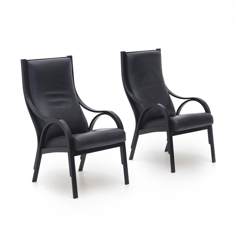 Pair of vintage "Cavour" armchairs in wood and leather by Giotto Stoppino for Poltrona Frau, 1980s