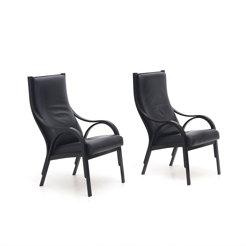 Pair of vintage "Cavour" armchairs in wood and leather by Giotto Stoppino for Poltrona Frau, 1980s