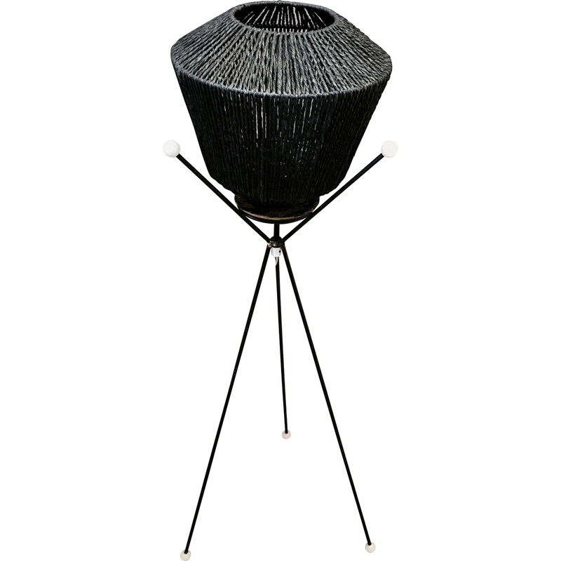 Lampada da terra vintage a treppiede in metallo, corda e bachelite, 1950