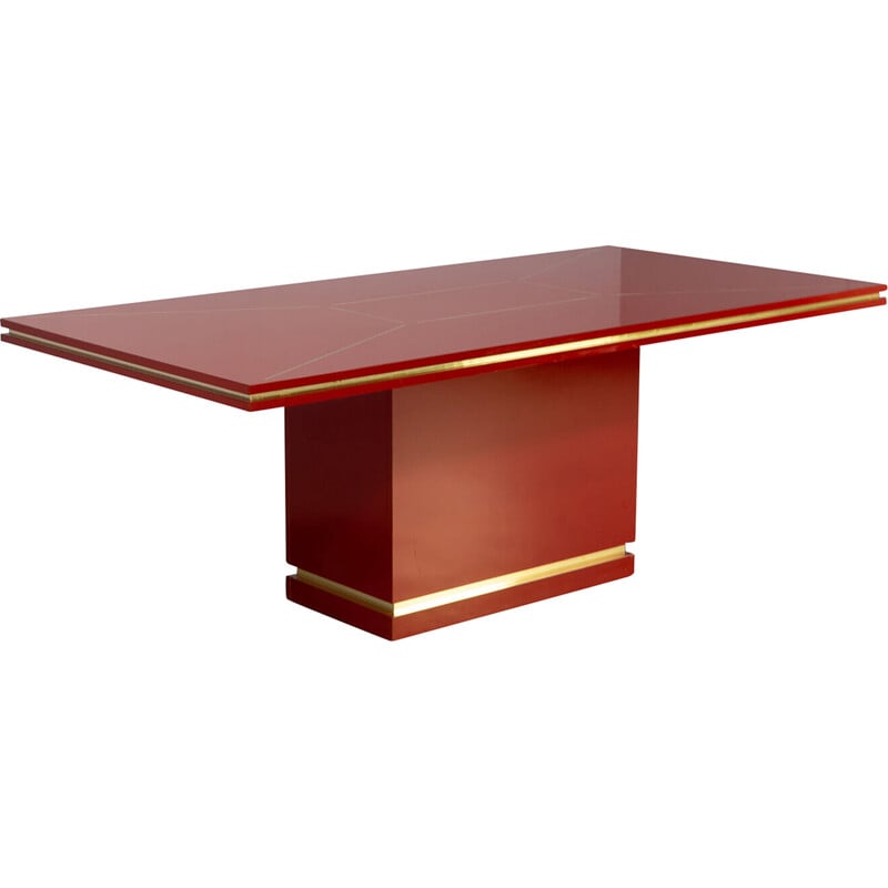 Vintage Italian burgundy and brass dining table by Jean Claude Mahey