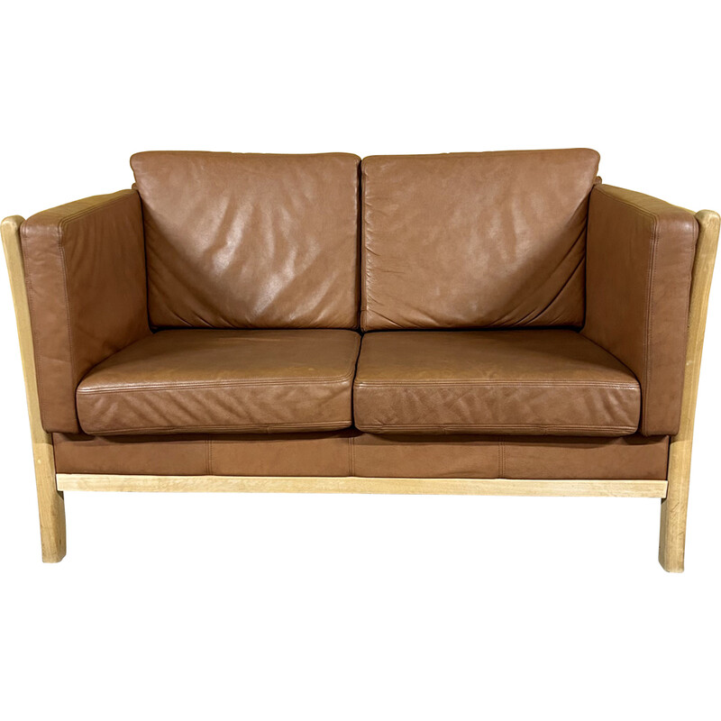 Danish vintage 2 seater leather sofa with wooden frame
