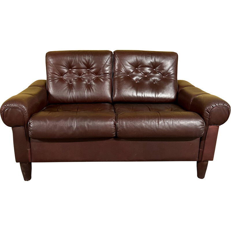 Vintage weinrotes Leder 2-Sitzer dänisches Sofa mit Knöpfen, 1970er