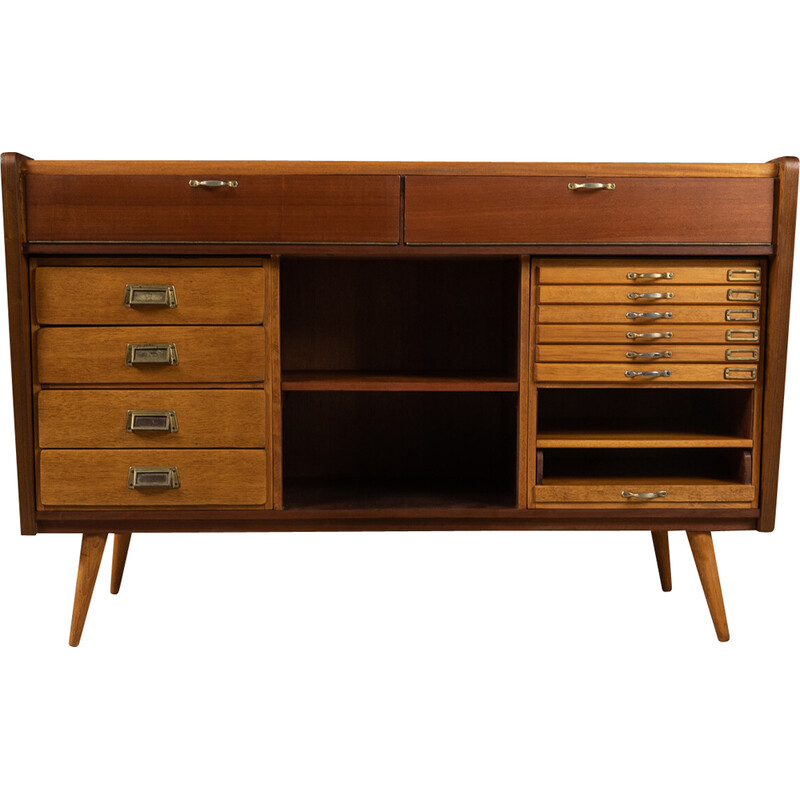 Vintage walnut veneer and leatherette jewellery display cabinet for Emde Ladenbau, Germany 1950s