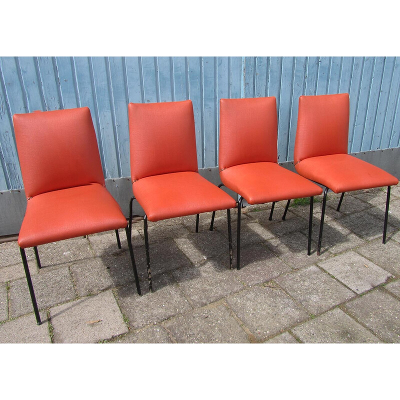 Set of 4 vintage metal and leatherette chairs by Pierre Guariche for Meurop, Belgium 1960s