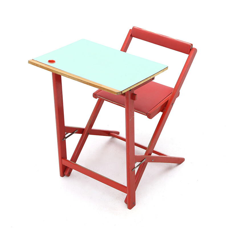 Vintage desk with children's chair in wood, formica and red leather, Italy 1950s