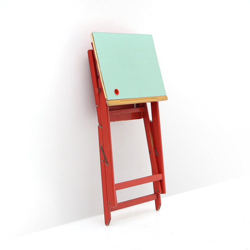 Vintage desk with children's chair in wood, formica and red leather, Italy 1950s