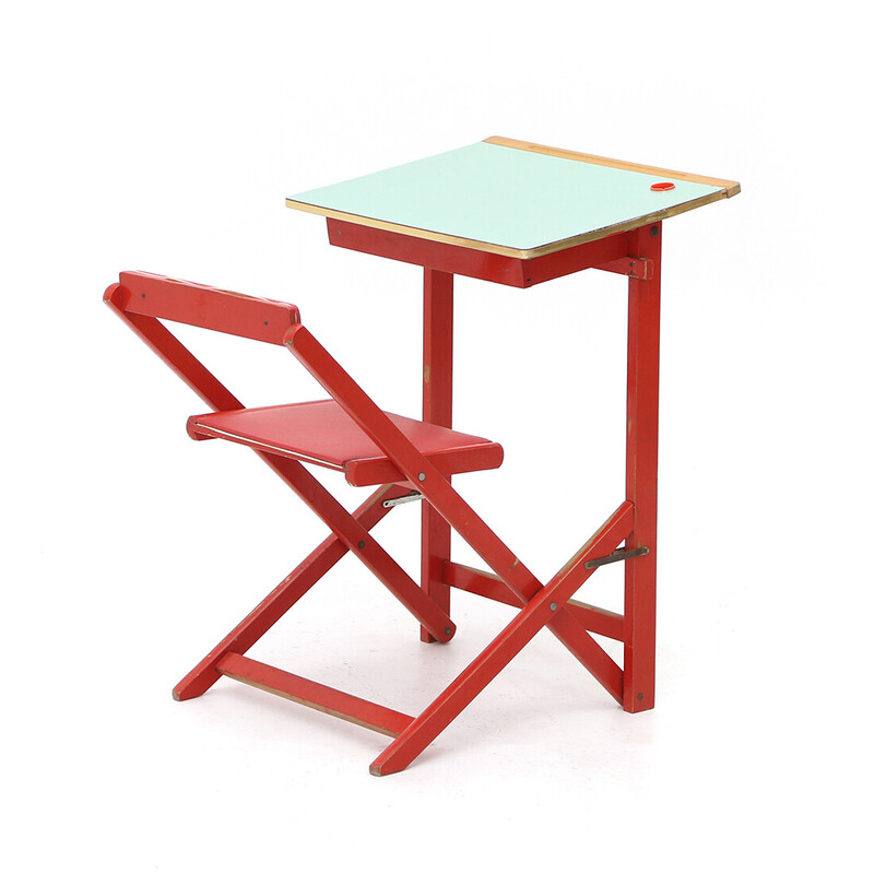 Vintage desk with children's chair in wood, formica and red leather, Italy 1950s