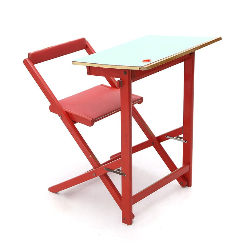 Vintage desk with children's chair in wood, formica and red leather, Italy 1950s