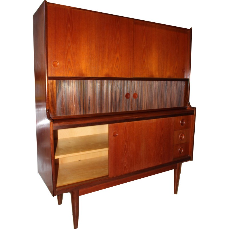 Vintage Deens teak en glazen highboard Hutch van Johannes Andersen voor Oy Wilh, 1960.