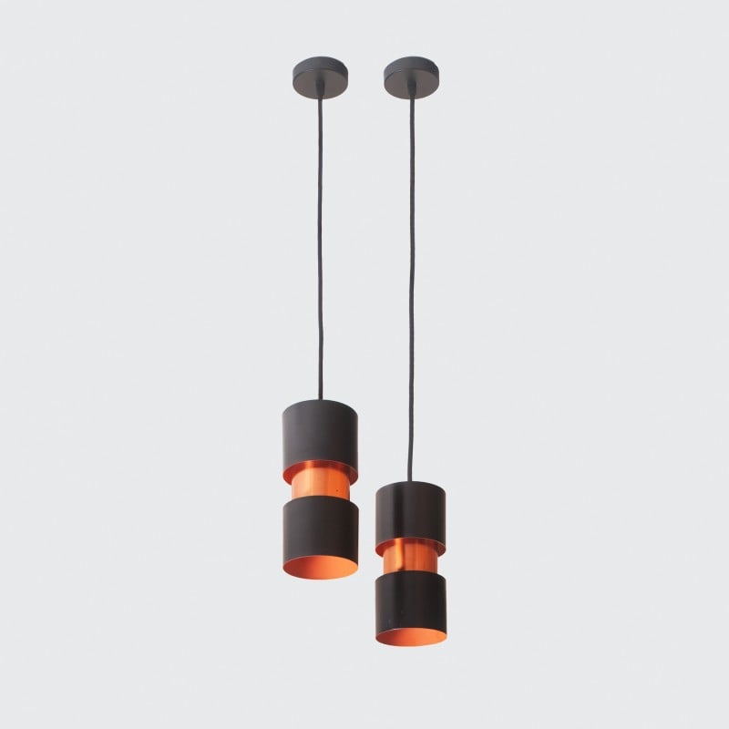 Pair of vintage Tubular Duo pendant lamps in lacquered metal and copper by Jo Hammerborg for Fog & Mørup, Denmark