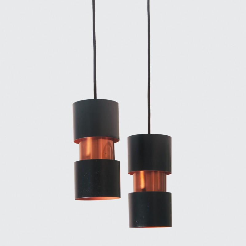 Pair of vintage Tubular Duo pendant lamps in lacquered metal and copper by Jo Hammerborg for Fog & Mørup, Denmark