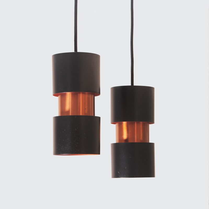 Pair of vintage Tubular Duo pendant lamps in lacquered metal and copper by Jo Hammerborg for Fog & Mørup, Denmark