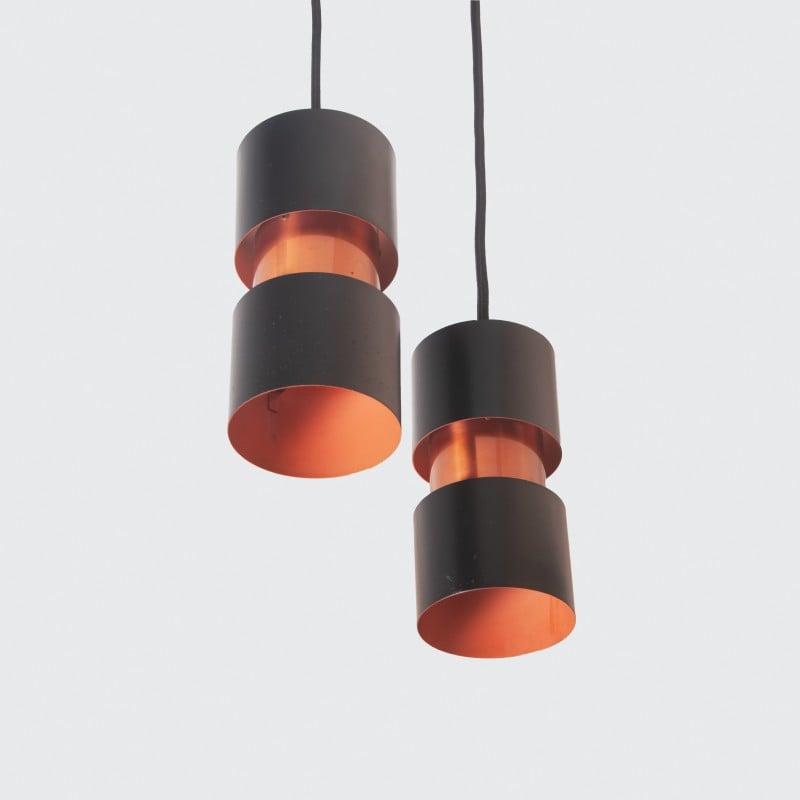 Pair of vintage Tubular Duo pendant lamps in lacquered metal and copper by Jo Hammerborg for Fog & Mørup, Denmark