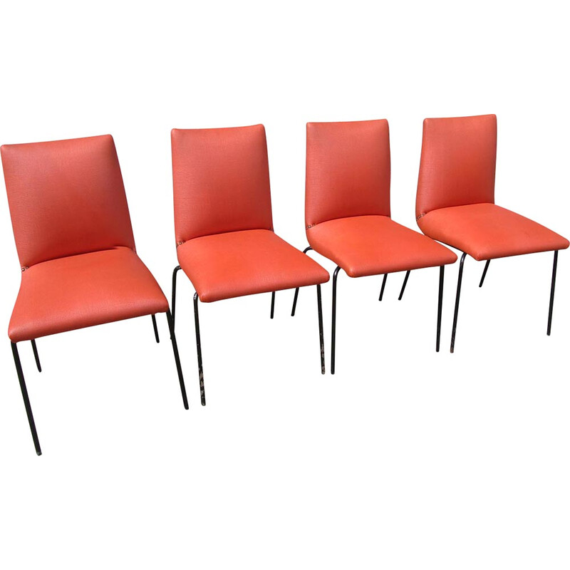 Set of 4 vintage metal and leatherette chairs by Pierre Guariche for Meurop, Belgium 1960s