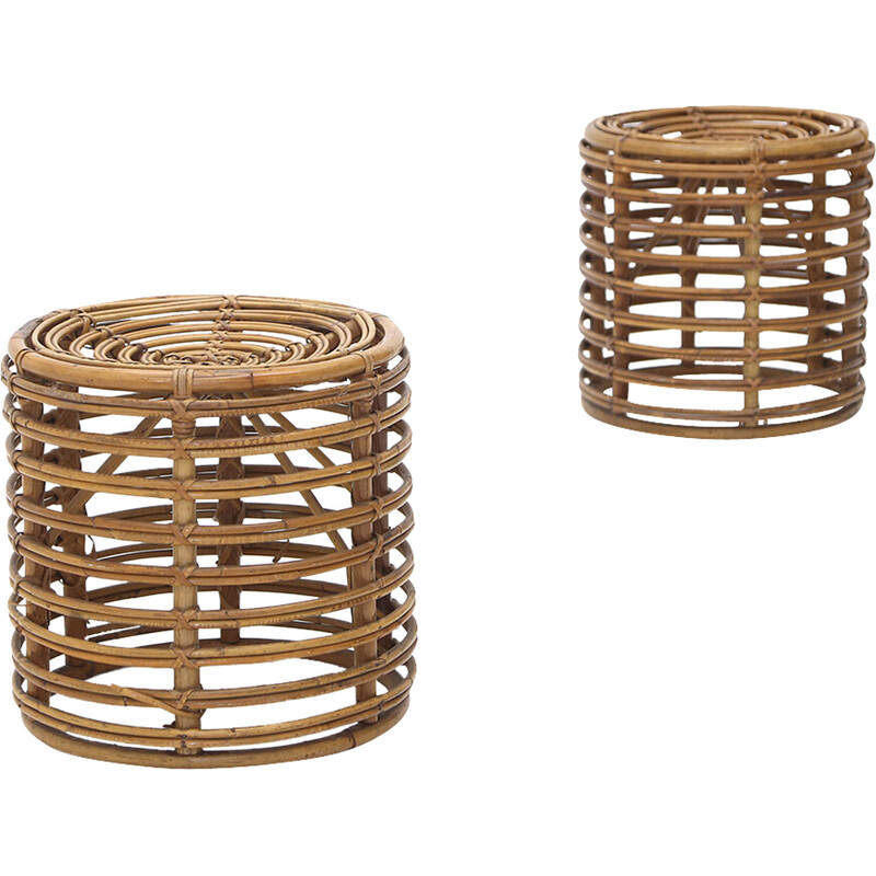 Pair of vintage rattan and cane stools for Castano, Italy 1950s