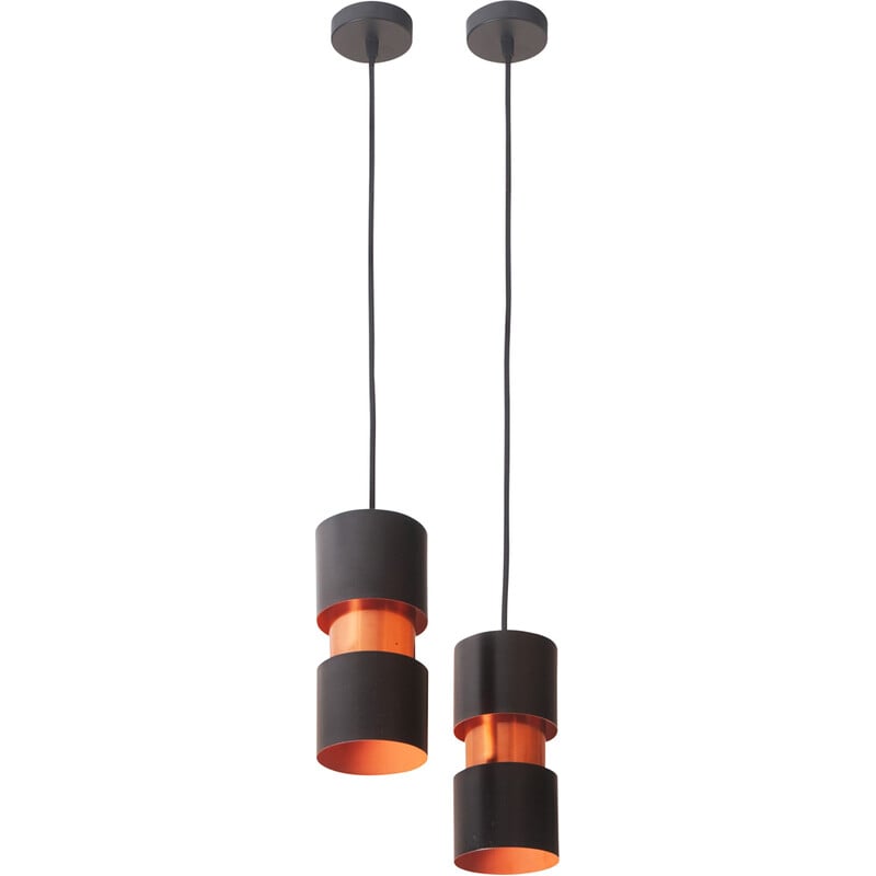 Pair of vintage Tubular Duo pendant lamps in lacquered metal and copper by Jo Hammerborg for Fog & Mørup, Denmark