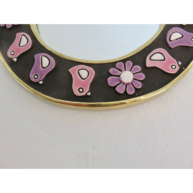 Round vintage wall mirror in enamelled clay by Mithé Espelt, France 1970s