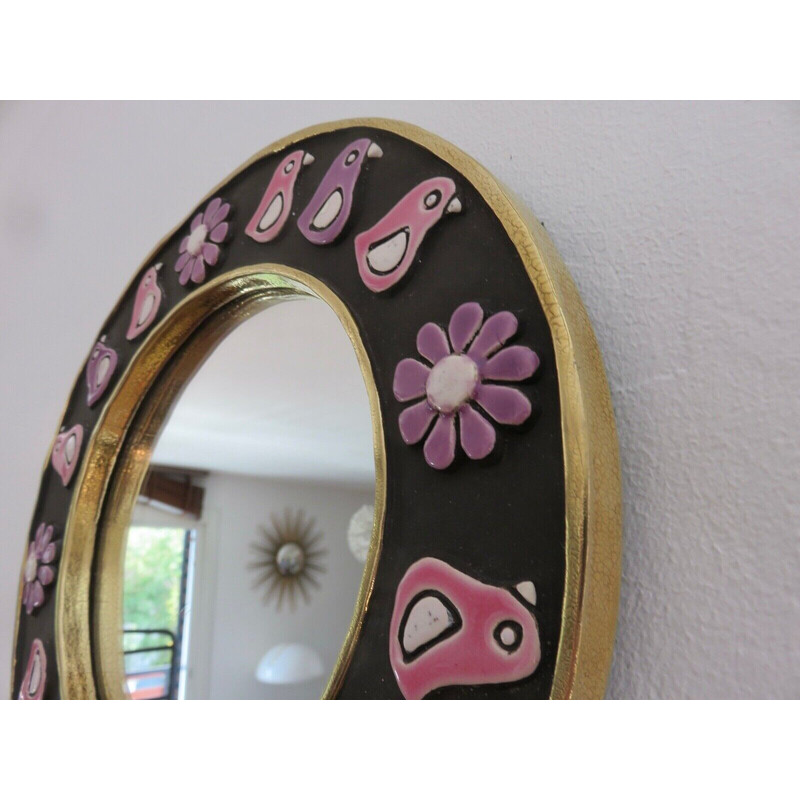 Round vintage wall mirror in enamelled clay by Mithé Espelt, France 1970s