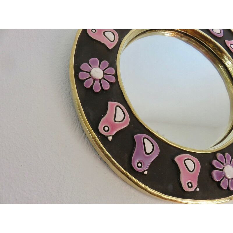 Round vintage wall mirror in enamelled clay by Mithé Espelt, France 1970s